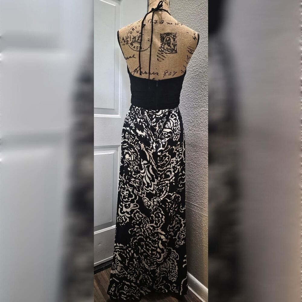 VINTAGE 90s Betsy & Adam Whimsigoth Black & White Scroll Halter Maxi Gown - Picture 2 of 4